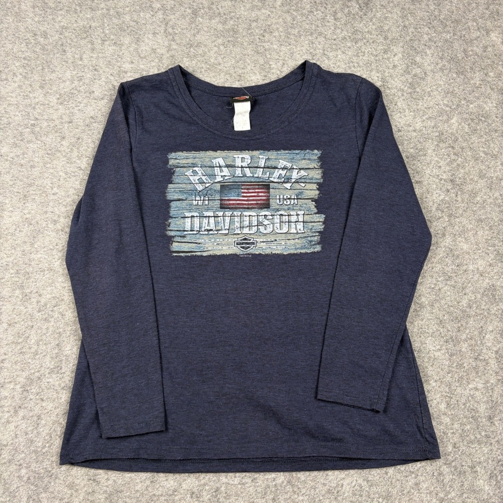 Harley Davidson Long Sleeve Shirt Womens Small Blue Blowing Rock NC Graphic Y2K